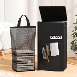 110L Laundry Hamper with Lid with Washing Bag & Front Mesh Bag, Large & Tall Laundry Basket, Collapsible Dirty Clothes Hampers for Bedroom Aesthetic, Bathroom, Dorm, Laundry Room - Easy Carry, Black