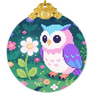 2 x Pixel Art Owl in Flowers Ornaments, Owl Christmas Ornament, Owls Gifts for Women, Owls Decor Bird Ornament 2.75" Glass Decorative Hanging Ornaments
