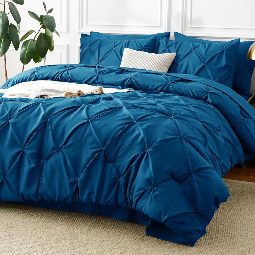 CozyLux Full Size Comforter Sets Teal, 7 Pieces Pintuck Bed in A Bag Full, All Season Bed Set Gift for Family, Pinch Pleat Bedding Sets with Comforter, Sheets, Pillowcases & Shams