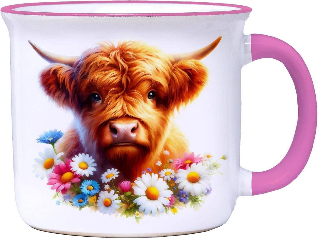 Spoontiques Highland Cow Camper Mug - Cute Ceramic Campfire Mug - Great for Outdoor Lovers, Backpackers, Adventurers - Friends & Family Gifts