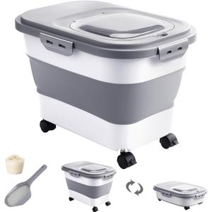 20-30 Lbs Rice Storage Container, Collapsible Food Storage Containers with Rolling Wheel Airtight Locking Lid, Flour Storage Container with Cup and Scoop, Suitable for Food, Rice, Pet Food, Flour