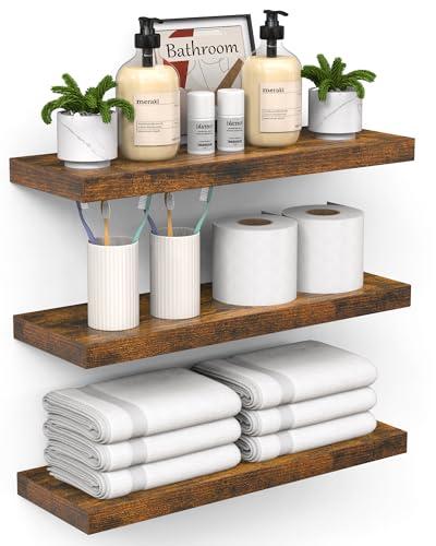 KLUVIS Bathroom Floating Shelves for Wall - Shelf Over Toilet Storage Small Farmhouse Decor Shelves (15.7 inch, Set of 3, Rustic Brown)