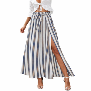 Simplee Women's Casual Split Wide Leg Pants High Waist Palazzo Flowy Beach Pants Summer Boho Lounge Pants With Pockets (Large, White Stripe)