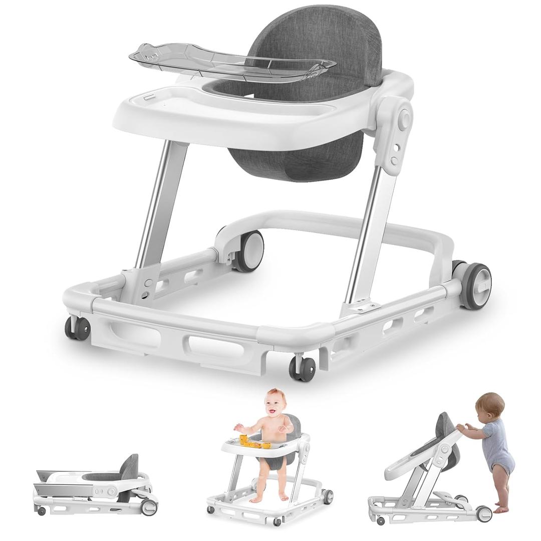 Baby Walker, Baby Walkers for Boys and Girls 6-12 Months, Baby Walker with Wheels, with Removable Dining Tray, Three Adjustable Heights, Baby Activity Center with Silent Adjustable Speed Wheel