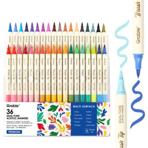 Grabie 72 Colors Acrylic Paint Markers, Soft Brush Tip Acrylic Markers Set, Water Based Acrylic Markers for Wood, Fabric, Canvas, Glass, Stone, Rock Painting and DIY Crafts Art Supplies, Set of 36