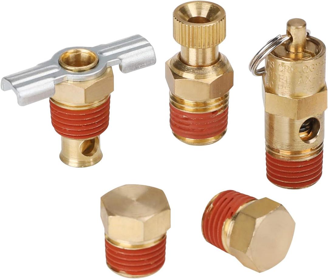 Hromee 5 Piece 1/4 Inch Compressor Air Tank Port Fittings Drain Valve Kit with Solid Brass Hex Head Plugs Winged Style and Twist Style Petcock 140 PSI Safety Valve