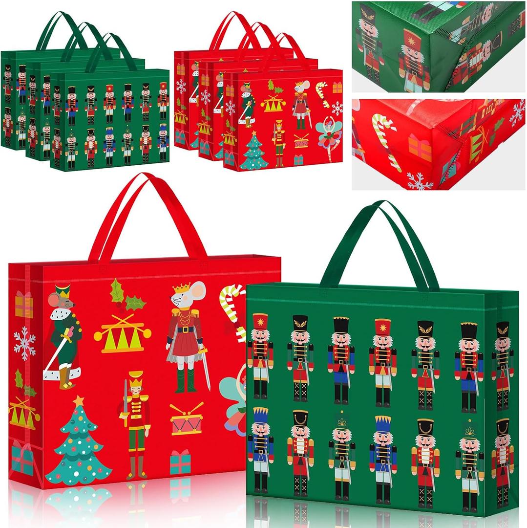 Sweetude 6 Pcs Christmas Large Nutcracker Gift Bags with Handle 16inch Birthday Gift Tote Christmas Goodie Candy Treat Wrapping Bag Reusable Non Woven Shopping tote for Xmas Party Favor