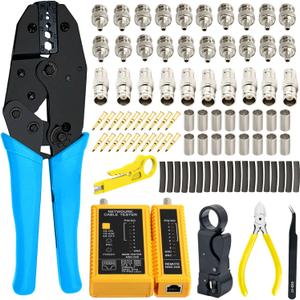 Coaxial Cable Tool Kit - BNC Crimp tool for RG58, RG59, RG62, RG174, 20PCS BNC Male Crimp Connectors for RG58 and 10PCS Female to Female Connectors, Heat Shrink Tubing Cable Tester, Stripper