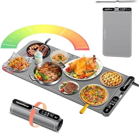 Warming Mat for Food Extra Large, Electric Warming Tray, 15"x31.5" Silicone Heating Mat with 7 Level Adjustable Temp and 8 Hours Timer, Food Warmer for Parties Buffet Home Travel, Dark Gray