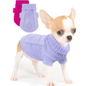 2 Pieces Dog Sweater for Small Dogs Chihuahua Clothes Spring Winter Cute Knitwear Turtleneck Thick Warm Clothes for Yorkie Cat Extra Small Dog Clothes (XX-Small) (plaid Rose+Purple)