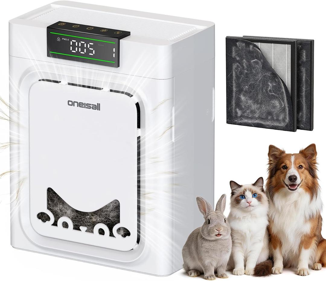 oneisall Pet Air Purifiers for Home,PP02 | Dual Intake Traps Airborne Pet Hair&Dander,2X Carbon Filter Eliminates Odors,PM2.5 Display,Washable Pre-Filter,For Large Room