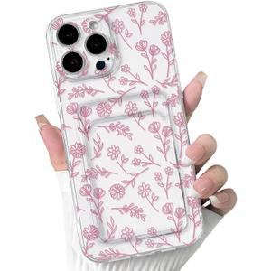 NITITOP Compatible with iPhone 15 Pro Max Case Clear with Card Holder Cute Flower Floral Leave Pattern for Women Girl Soft TPU Shock-Absorbing Wallet Case Protective Phone Cover - Pink