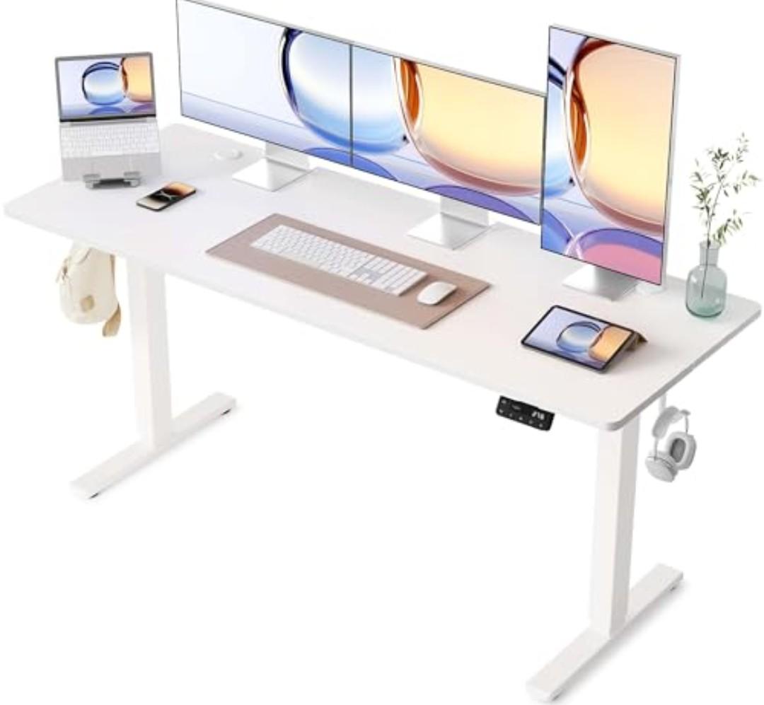 YIHAYO Electric Standing Desk, 63 x 24 Inches Stand Up Desk with Splice Board, Computer Table for Home Office, White Frame/White Top