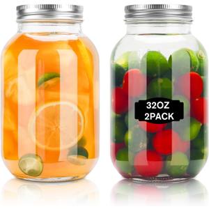 Glass Mason Jars, 2 Pack 32oz Clear Glass Regular Mouth Canning Jars with Lids for Sealing, Ideal for Food Storage, Snacks, Candies, Jam, Honey, Wedding Favors, Shower Favors, DIY Projects