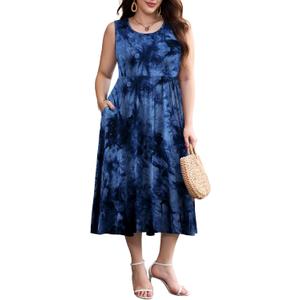 LARACE Women's Plus Size Sleeveless Maxi Dress Casual Crew Neck Pleated Flowy Long Dresses with Pockets L-5XL