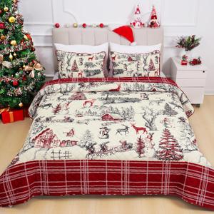 FRAMICS Christmas Quilts Set 3 Piece, King Size Quilts, Reversible Comforter Red Plaid Printed Quilt, Snowman Moose Farmhouse Quilts, Lightweight Comforter Set, 96" x 106", 1 Quilt+ 2 Pillow Shams