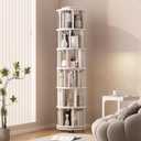 Solid Wood Rotating Bookshelf on Wheels, 6 Tier, Round Revolving Bookcase, 360 Spinning Book Shelf Tower for Kids, Narrow Rolling Bookshelves for Small Space, Corner, Bedroom, Office, White