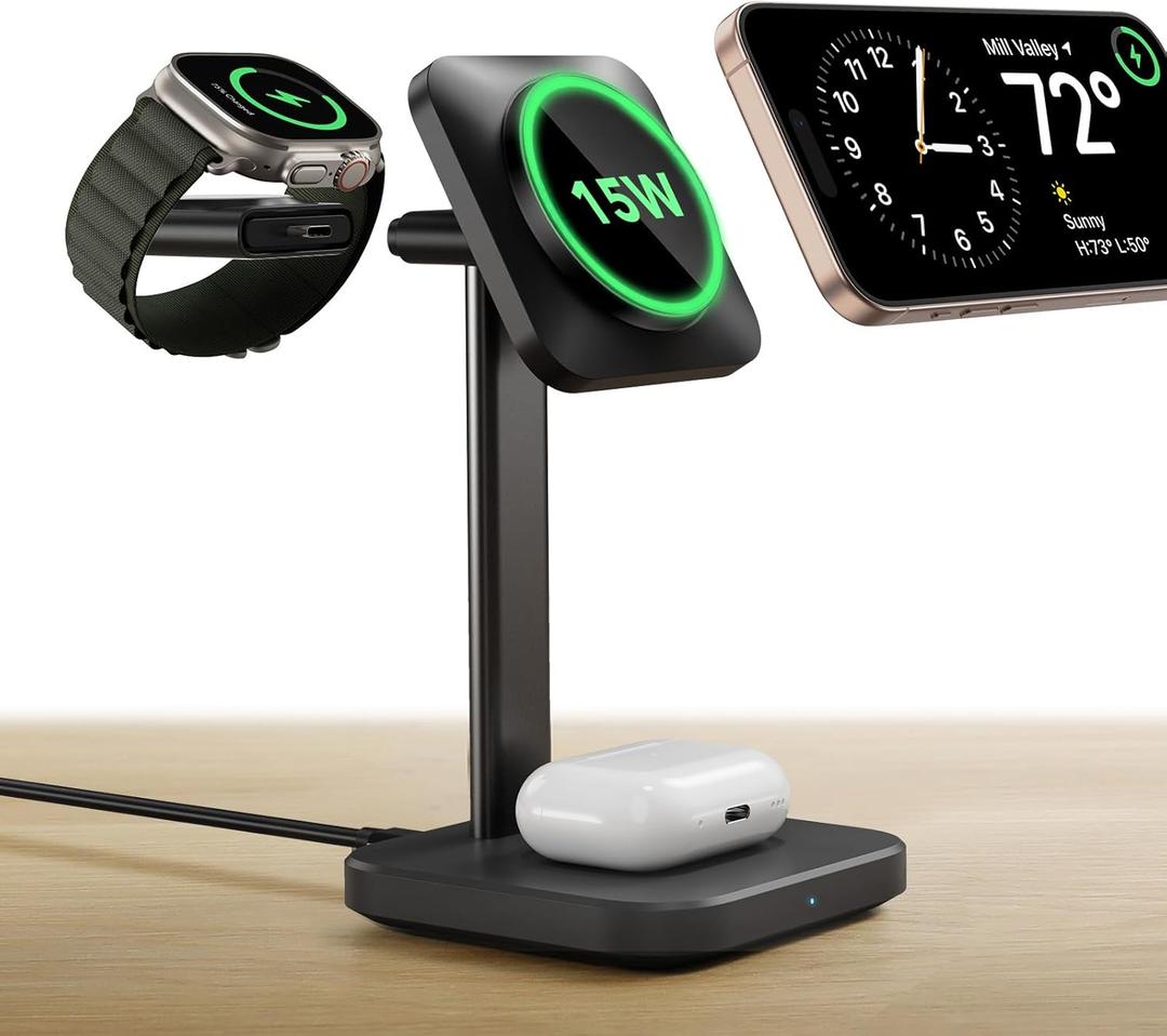 ESR 3 in 1 Wireless Charging Station, [Certified] Apple Watch Charger & 15W MagSafe Charger Stand for iPhone, Wireless Charger for Multiple Devices iPhone 17-12&Watch&AirPods,Black