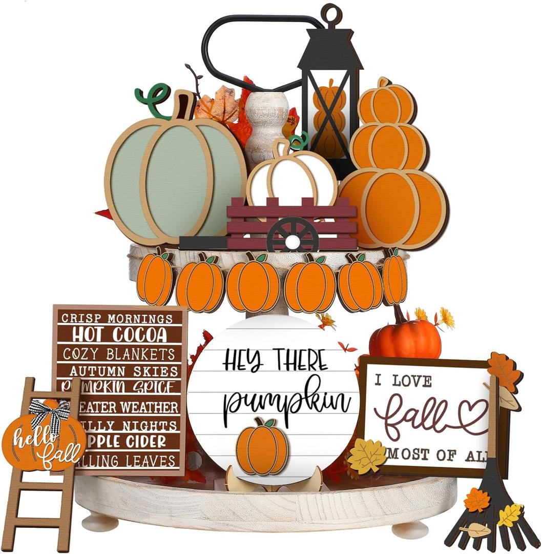 Maitys 1 Set Thanksgiving Tiered Tray Decor Set Fall Tiered Tray Decorations Autumn Pumpkin Leaves Rustic Farmhouse Decor Autumn Harvest Decorative Wooden Tabletop Sign for Home Kitchen(Rustic Style)