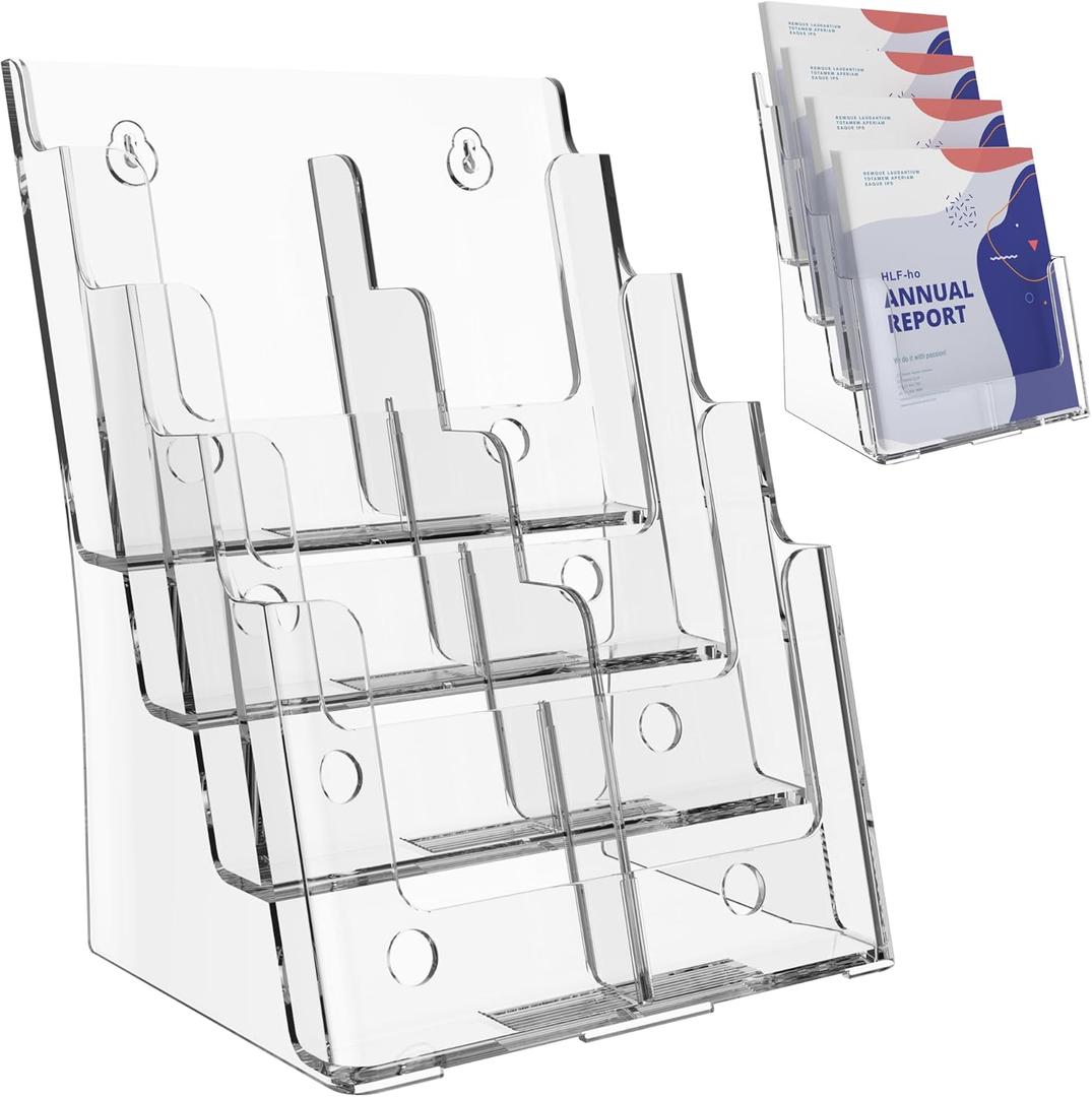 Brochure Holder 8.5x11 Inch 4 Tier with Removable Divider for 4x9 inch Clear Acrylic Pamphlet Display Stand Holder Countertop Use or Wall Mount for Office, Lobby, Hotel, Trade Show, 1 Pack