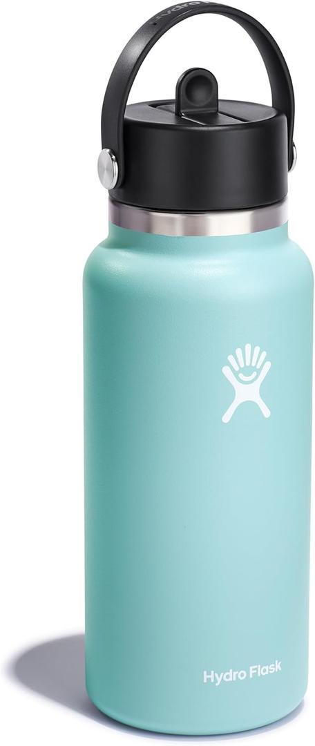 HYDRO FLASK Wide Mouth vacuum insulated stainless steel water bottle with leakproof closeable straw lid for cold water drinks, sports, travel, car and school (Dew)