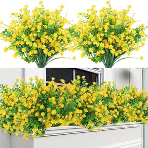Sggvecsy Artificial Flowers for Outdoors 12 Bundles UV Resistant Boxwood Shrubs Artificial Eucalyptus Fake Plants Faux Plastic Greenery for Farmhouse Garden Home Indoor Outdoor DecorationYellow