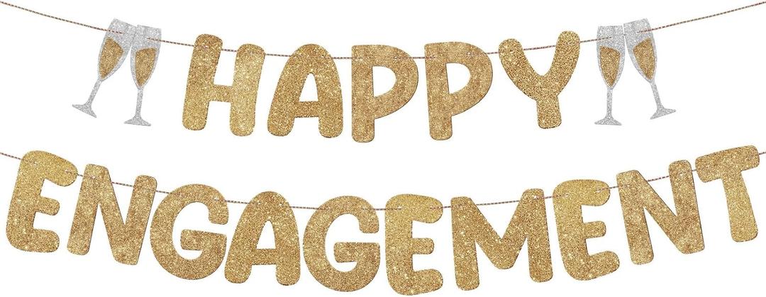 Breling Pre Strung Happy Engagement Banner Glitter Engagement Party Decorations for Congratulations Engaged Wedding Shower Signs Decor(Champagne Gold)