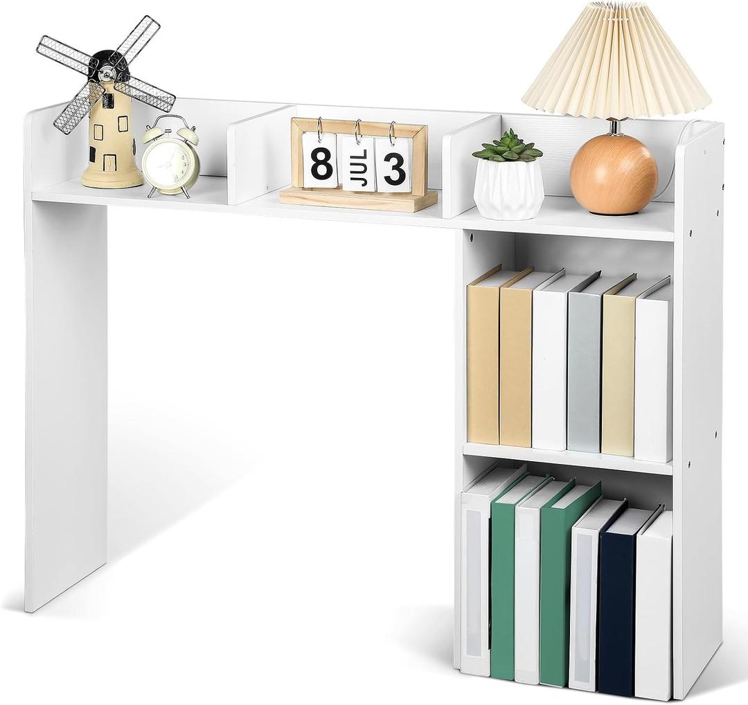 Wonderjune Dorm Desk Bookshelf Hutch Desktop Bookshelf Organizer Desk Shelf White Wooden Computer Desktop Hutch with Multiple Cubby Spaces for College Dormitory Home Office Countertop Space Saving, 37 x 29 x 9.5 inches