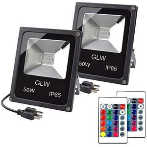 GLW LED RGB Flood Light, 50W Outdoor Color Changing Lights with Remote Control, IP65 Waterproof Dimmable Wall Washer Light, Flood Lamp 16 Colors 4 Modes with US 3-Plug(2 Pack)