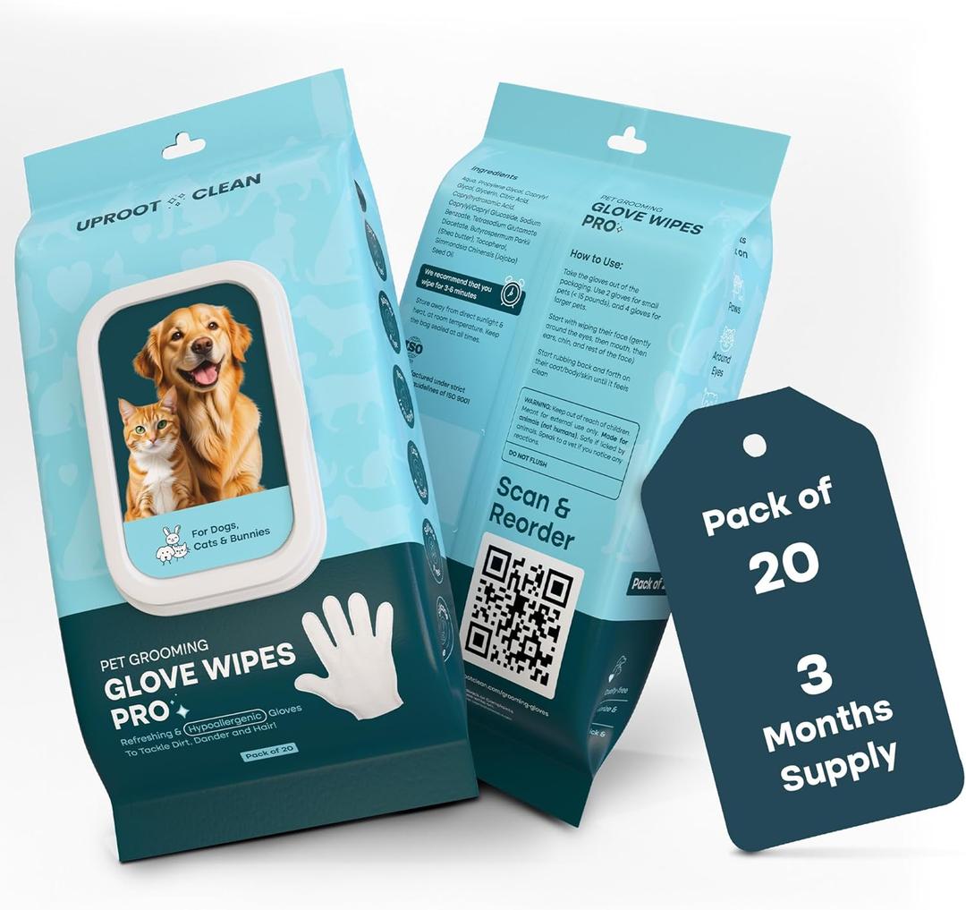 Uproot Clean Dog Cleaning Gloves: Extra-Thick Pet Glove Wipes for Dogs & Cats - Easy Wipe Paws, Eyes, Ears, Butt, & Body - Lick-Safe for Cats & Dogs - Cleaning, Deodorizing & Grooming (20 Pack)