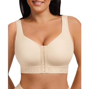 FeelinGirl Post Surgery Bra Front Closure Compression Mastectomy Bra for Women with Wide Adjustable Straps Wirefree Support (Medium, Beige)