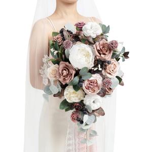 Ling's moment Pink Wedding Bouquets for Bride, Dusty Rose and Mauve Bridal Bouquets for Bride, 15 Inch Free Form Artificial Wedding Flowers Bouquets