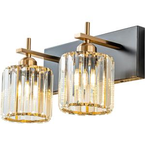 2-Light Crystal Bathroom Vanity Lights, Black Gold Modern Bathroom Light Fixtures Over Mirror Crystal Wall Lighting with Polished Gold Finish