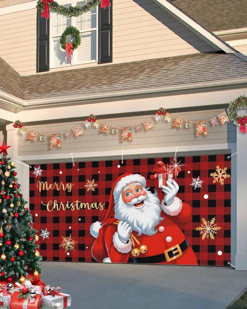 Christmas Garage Door Banner Cover 7 x 16 ft, Christmas Santa Black and Red Buffalo Plaid Christmas Garage Door Decorations Holiday Christmas Backdrop Decor for Winter New Year Xmas Party