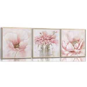 3Pcs Pink Flowers Wall Art Abstract Bouquet in Vase painting Canvas Artwork Botanical Floral picture Poster Print for bathroom Bedroom wall Decor UnFramed