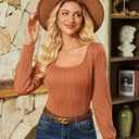 GRACE KARIN Womens Fall Long Sleeve Trendy Tops 2025 Square Neck Ribbed Casual Shirts Cozy Basic Sweater (Small, Orange)