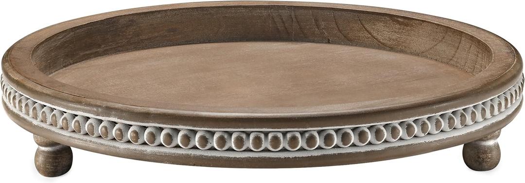 Handmade 12 Inch Decorative Tray, Small Beaded Tray Coffee Table Decor, Warm Brown Round Wooden Tray for Coffee Table, Dining Room Table Entryway and Living Room Table