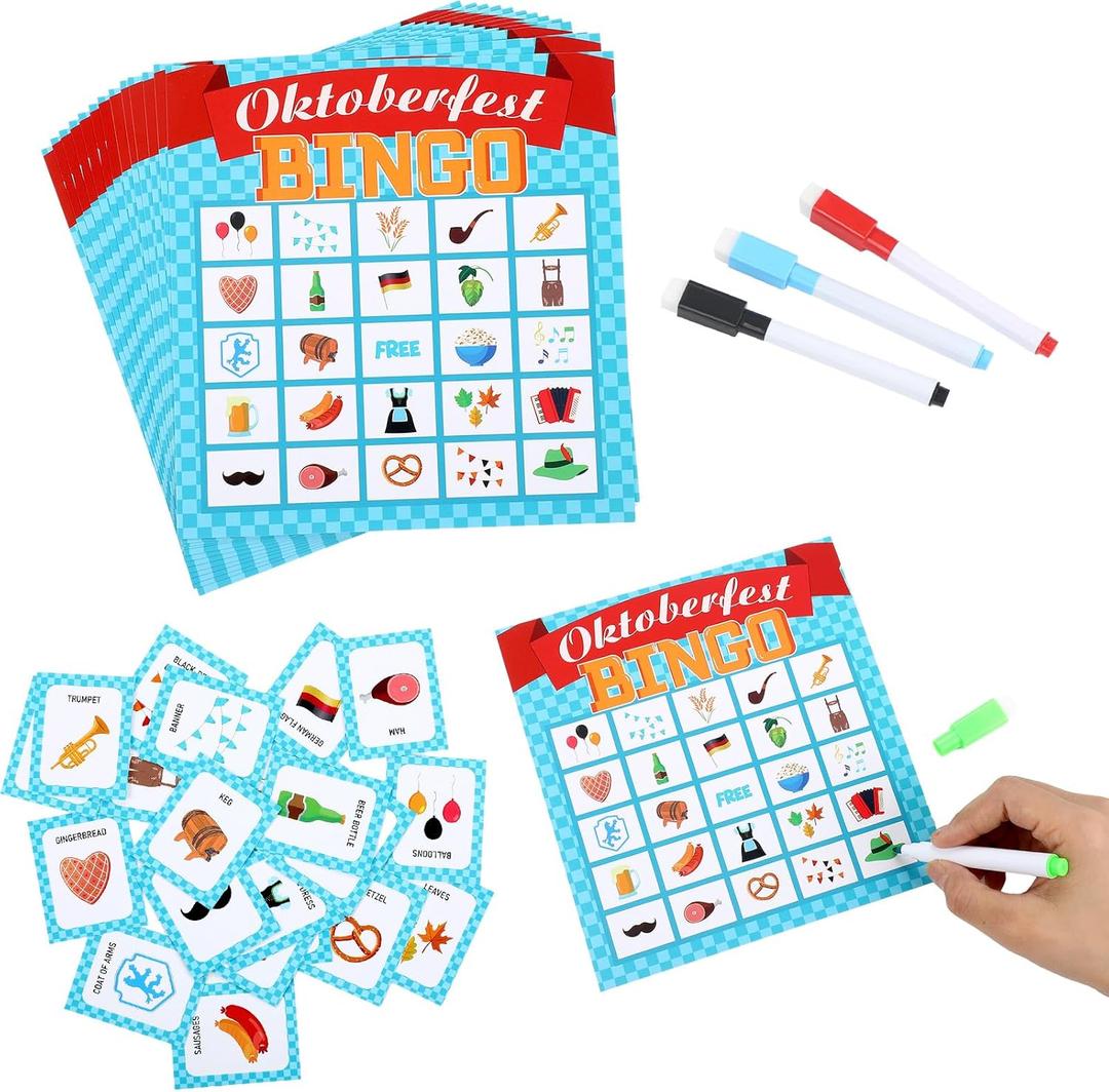 Soulchen 52 Pcs Oktoberfest Games for Kids Oktoberfest Dry Erase Bingo Game 24 Players Beer Festival Bingo Cards German Party Favors for Family Classroom Activities Birthday Party Supplies
