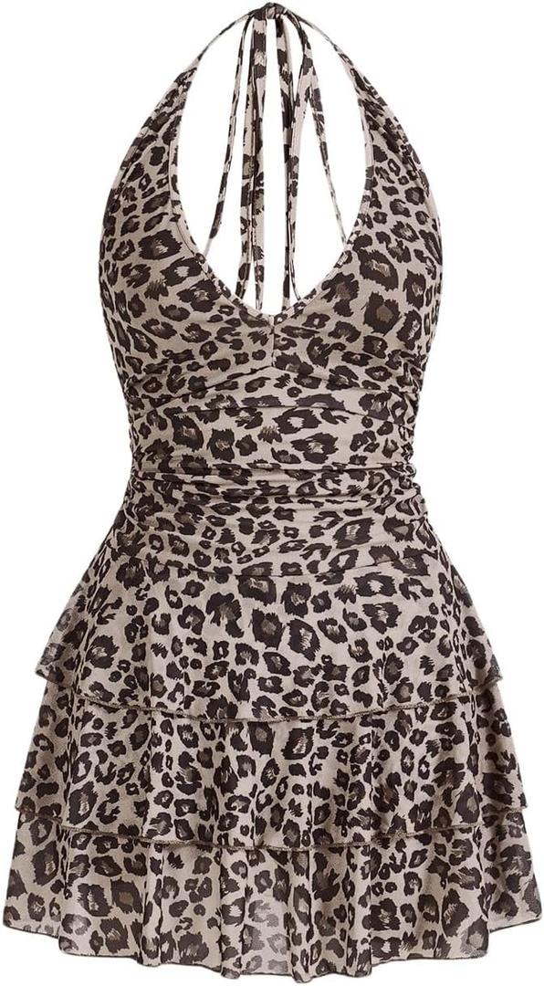 WDIRARA Women's Y2k Leopard Print Halter Dress Tie Backless Layered Ruffle Hem Mini Dresses Cheetah Mesh Dress (Medium)