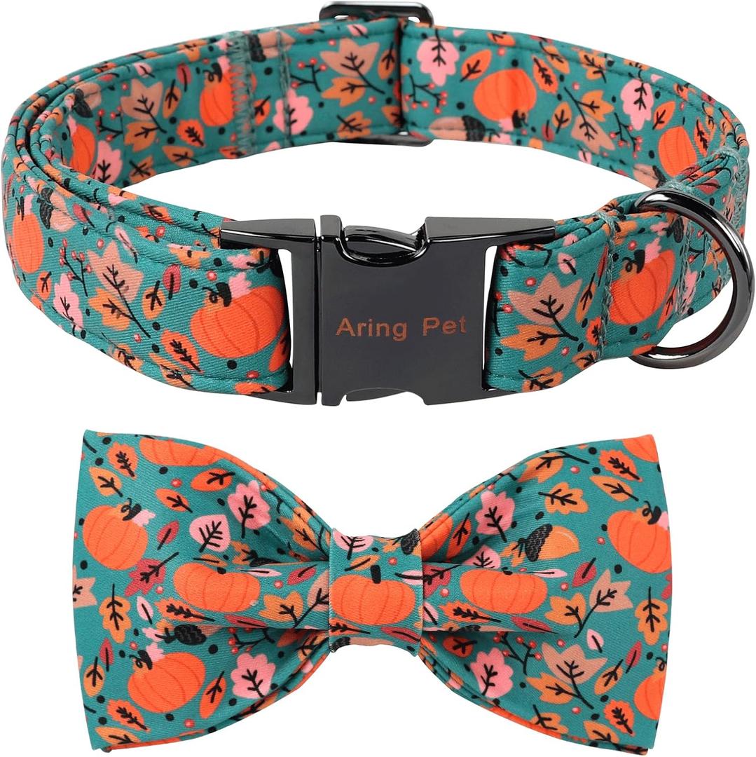 ARING PET Halloween Dog Collar with Bow, Cute Green Pumpkin Leaf Pets Detachable Bow Tie Collars for Puppy Small Medium Large Girl Boy Dogs-M