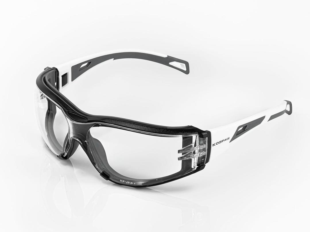 Koziface S30 Safety Glasses for Men and Women Adjustable Elastic Headband Strap and Arms 2 Ways to wear Stylish Black White Work Protective Anti Fog No Slip ANSI Z87.1 Rated Goggles for Indoor/Outdoor