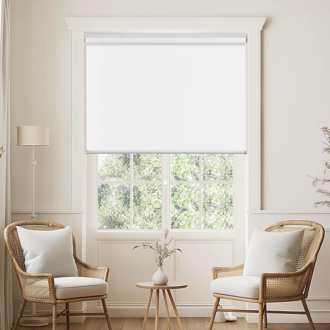 ChrisDowa Cordless 100% Blackout Roller Shade, with Striped Jacquard, Thermal Insulated, UV Protection Fabric, Total Blackout Blinds for Window, French Doors, Home and Office. White, 42" W x 72" H