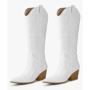 Arromic Cowboy Boots for Women Comfortable Womens Embroidered Western Cowgirl Knee High Boots Pointed Toe Zipper Chunky Heel Country Outfit Retro Tall Boots White 9