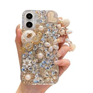 iFiLOVE for iPhone 16 Plus Bling Diamond Case, 3D Luxury Sparkle Glitter Crystal Rhinestone Butterfly Flower Pendant Charm Case Cover for Girls Women Kids (Clear)