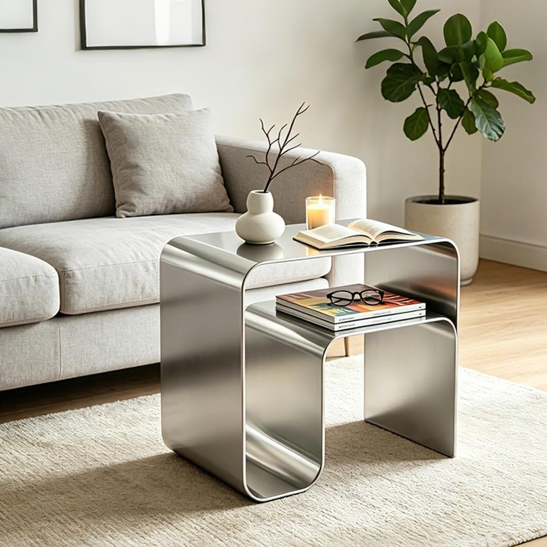 Stainless Steel Side Table,Minimalist Metal Side Table,Modern Elegant Silver End Table,Multi Functional Small nightstand Metal,Stainless Steel End Table for Living Room,Office,Bedroom, 17.7"x13.8"x17.7"