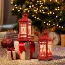 DECORKEY Christmas Lanterns Decorations Outdoor&Indoor, 2PCS Red Decorative Candle Lanterns with Christmas Tree & Gift Box Patterns for Home Porch Centerpiece Table Decor
