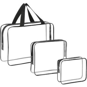 HAOGUAGUA 3 Pieces Large Clear Travel Bags for Toiletries, Waterproof Clear Plastic Cosmetic Makeup Bags, Transparent Packing Organizer Storage Bags (Black)