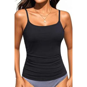 Women's Tankini Top Only Tummy Control Bathing Suits Top U Neck Swimwear Tops No Bottom (XX-Large, Black)