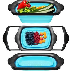 Comfify XL Large Kitchen Strainer - Collapsible Silicone Over - The-Sink Colander with Extendable Handles - Use with Pasta, Fruit, Berries & Veggie - 6 Quart - Blue