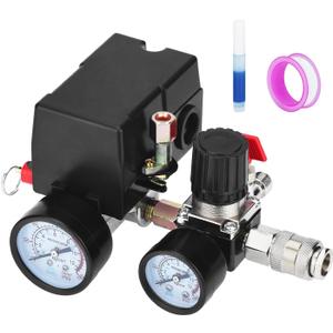 Universal Air Compressor Pressure Switch Control Valve (90-120 PSI, 110V-240V) with 0-180 PSI Regulator and Safety Pressure Relief Valve - 4 Way Replacement Part (110V-240V-B7)